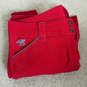 32R Piper original low-rise, barn red with blue bird, knee patch. Good condition